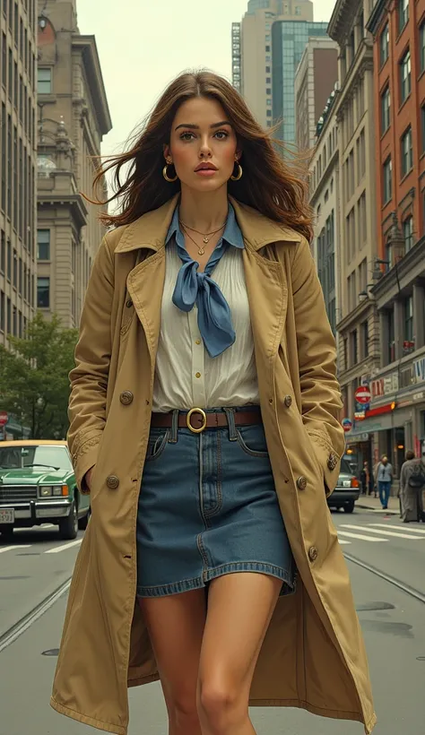 a dynamic, cinematic image inspired by 1980s fashion and city life. The central figure is a poised woman striding confidently down a bustling urban street. She's dressed in a chic ensemble that includes a beige trench coat, a crisp white shirt tied with a ...