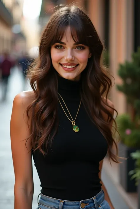  a beautiful woman , she is 23 years old, brown hair, Dark brown eyes, she has big hair and a Dakota Jhoson style fringe, she is wearing jeans and a sleeveless black turtleneck knitted blouse.
  A golden cord around her neck with an emerald stone, She is i...