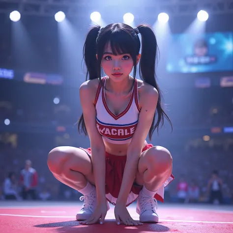 One person_idol crouching on stage_Young and very beautiful _female_Butt wobble _spread your legs wide from side to side to reveal your crotch_fold your hands behind your head to show your armpits_ detailed, beautiful face and eyes _Detailed and beautiful ...