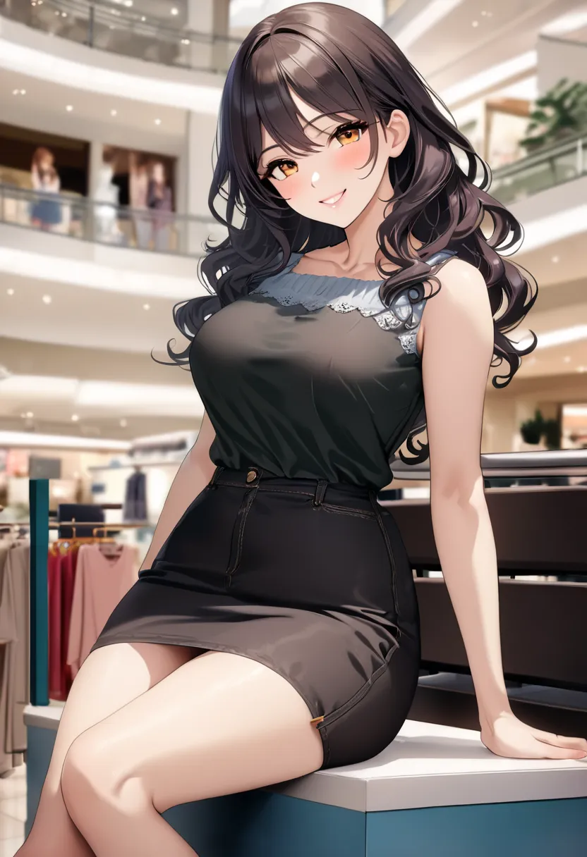 op quality, masterpiece, high definition, 8k, (1 girl ), Alone, sexy, (cowboy shot), (((Smiling Married Woman))), Beautiful breasts, Calm Coordination, (shopping mall), milf, (((Dark Semi-Long Wavy Hair))), (((Casual Fashion))), Looking at Viewers with Kin...