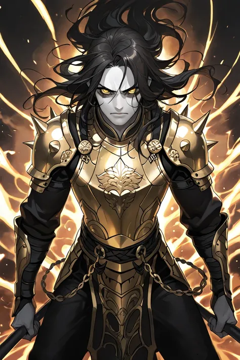 Demigod , man, high, strong, extremely white skin,  golden eyes, long black hair, Wear gold and black Chinese armor with spikes.