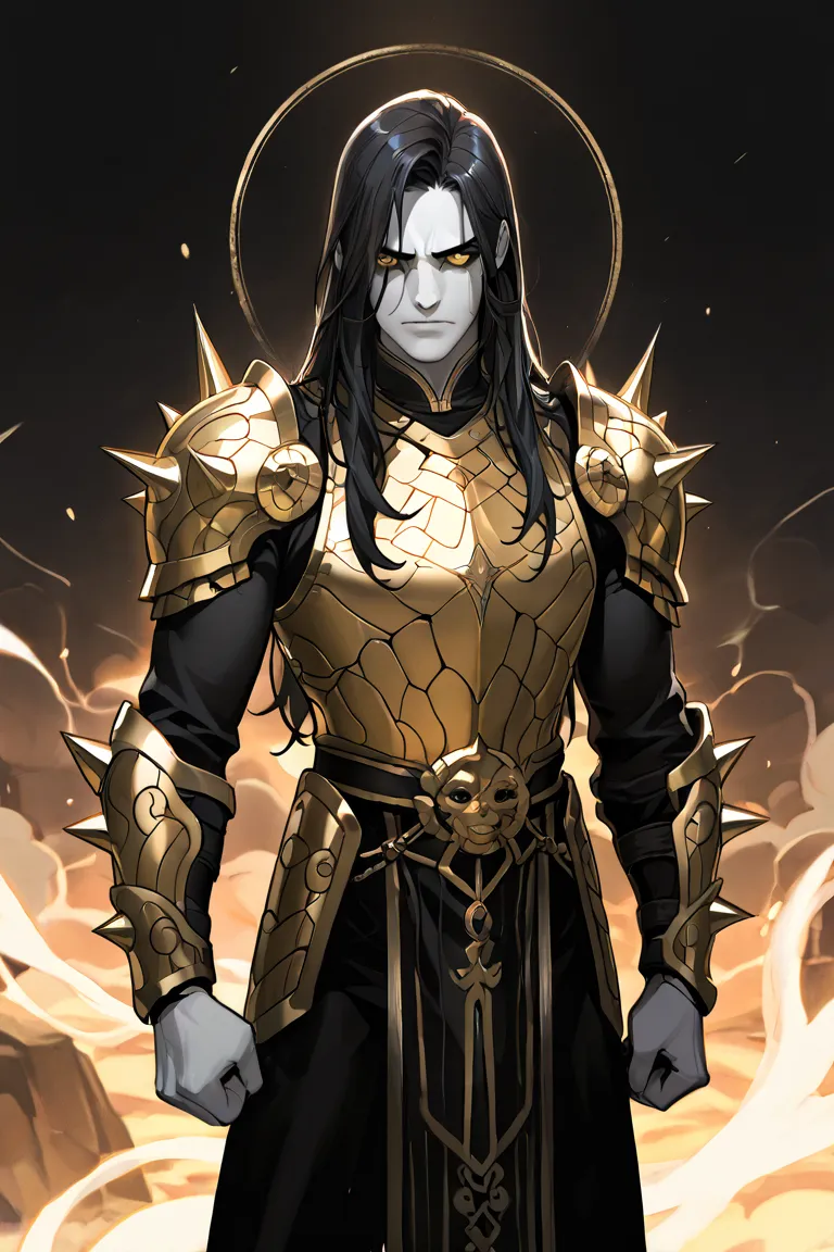 Demigod , man, high, strong, extremely white skin,  golden eyes, long black hair, Wear gold and black Chinese armor with spikes.