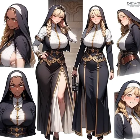 Three unique full-body artworks featuring female fantasy themed portrait, detailed intricate, discreet clothing, Age, demure smile, in her 20s, fantasy-themed nun costume,  Elf Ears,  dark skin, a unique braid hairstyle, club gun made of crystals, full-len...