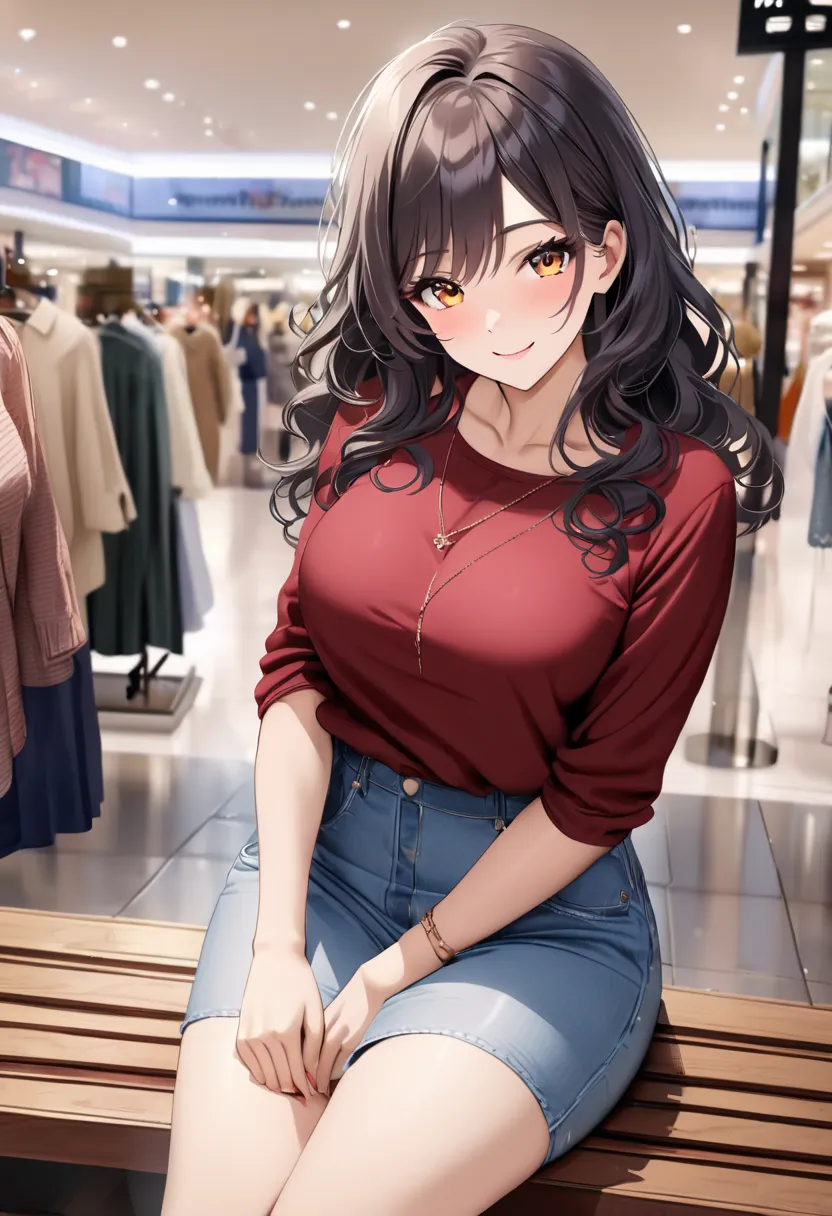 op quality, masterpiece, high definition, 8k, (1 girl ), Alone, sexy, (cowboy shot), (((Smiling Married Woman))), Beautiful breasts, Calm Coordination, (shopping mall), milf, (((Dark Semi-Long Wavy Hair))), (((Casual Fashion))), Looking at Viewers with Kin...