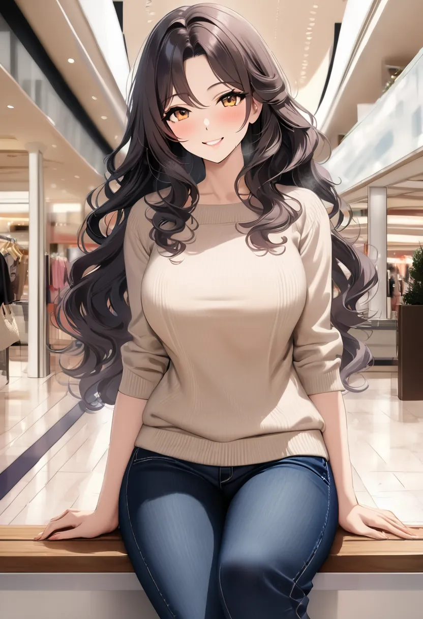 op quality, masterpiece, high definition, 8k, (1 girl ), Alone, sexy, (cowboy shot), (((Smiling Married Woman))), Beautiful breasts, Calm Coordination, (shopping mall), milf, (((Dark Semi-Long Wavy Hair))), (((Casual Fashion))), Looking at Viewers with Kin...