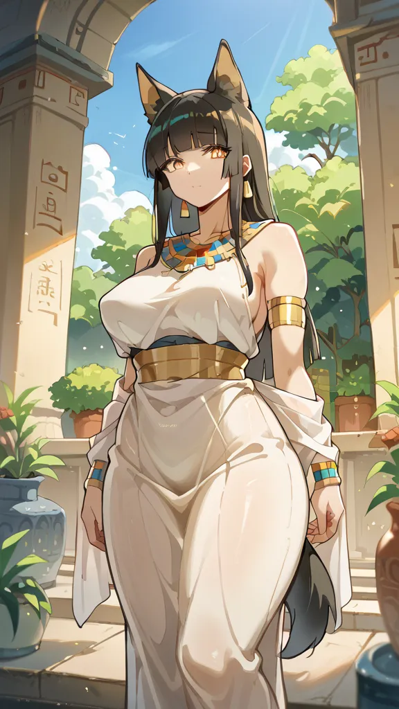 A female half-dog with a dog tail, voluptuous body,  long hair, short bangs that cover an eye, yellow eyes, wearing native garments, located in the middle of an Egyptian garden.