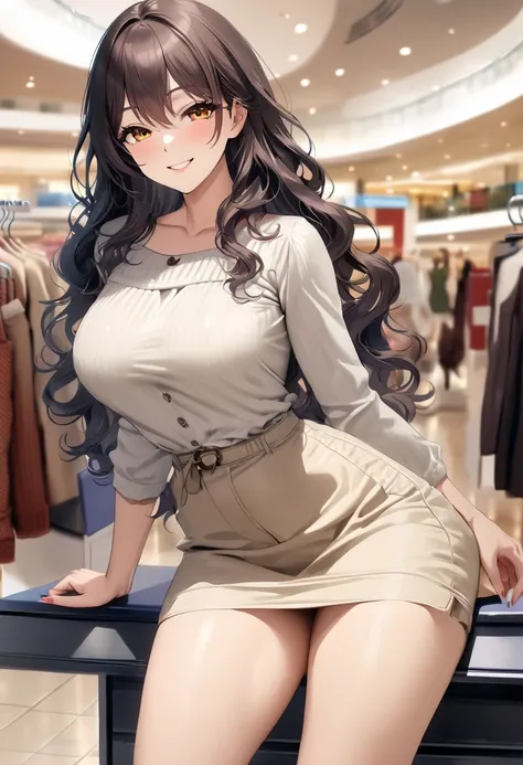 op quality, masterpiece, high definition, 8k, (1 girl ), Alone, sexy, (cowboy shot), (((Smiling Married Woman))), Beautiful breasts, Calm Coordination, (shopping mall), milf, (((Dark Semi-Long Wavy Hair))), (((Casual Fashion))), Looking at Viewers with Kin...