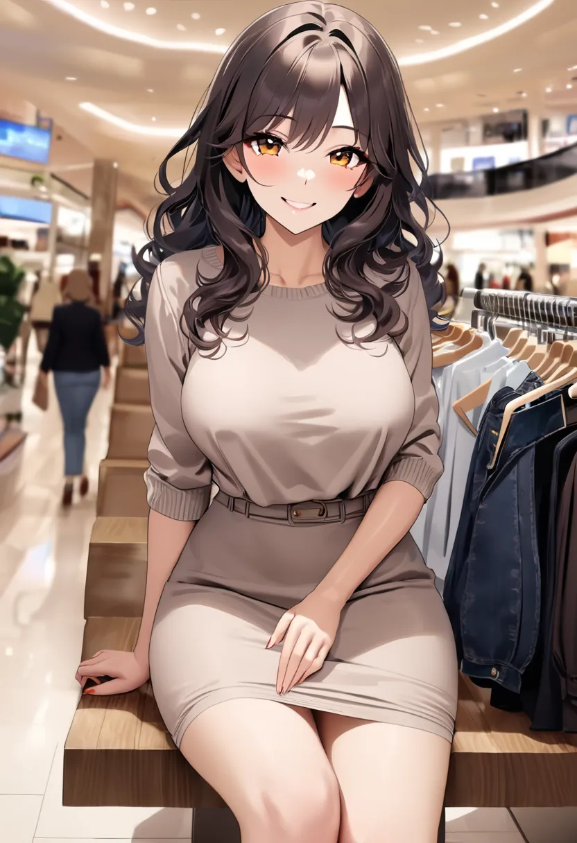 op quality, masterpiece, high definition, 8k, (1 girl ), Alone, sexy, (cowboy shot), (((Smiling Married Woman))), Beautiful breasts, Calm Coordination, (shopping mall), milf, (((Dark Semi-Long Wavy Hair))), (((Casual Fashion))), Looking at Viewers with Kin...