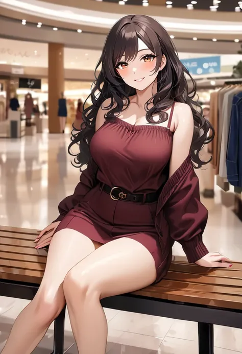 op quality, masterpiece, high definition, 8k, (1 girl ), Alone, sexy, (cowboy shot), (((Smiling Married Woman))), Beautiful breasts, Calm Coordination, (shopping mall), milf, (((Dark Semi-Long Wavy Hair))), (((Casual Fashion))), Looking at Viewers with Kin...