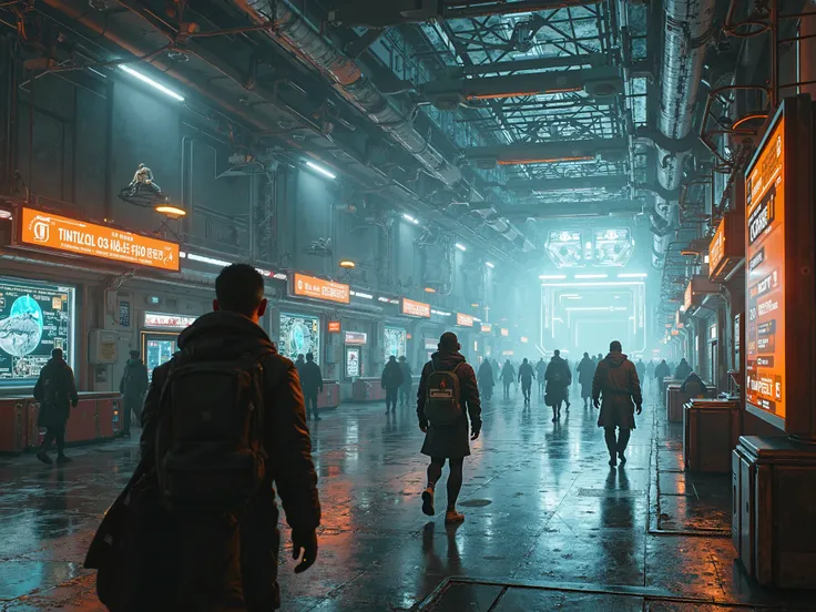 spaceport, terminal, cyberpunk, few people