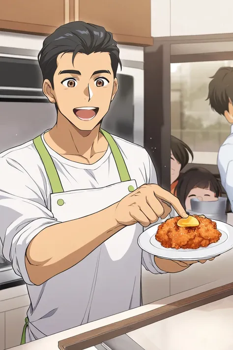 Adult boy,  short black hair, white kitchen apron,  white shirt, pantalon azul,  brown eyes, happy, holding a plate of food in their hands, Alone, anime