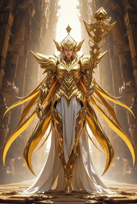  High quality; 8k;  Saint Seiya; goddess Athena , wearing Athena's golden Divine armor, holding a round shaped staff; Templo da goddess Athena, with a gigantic statue of Athena in the center