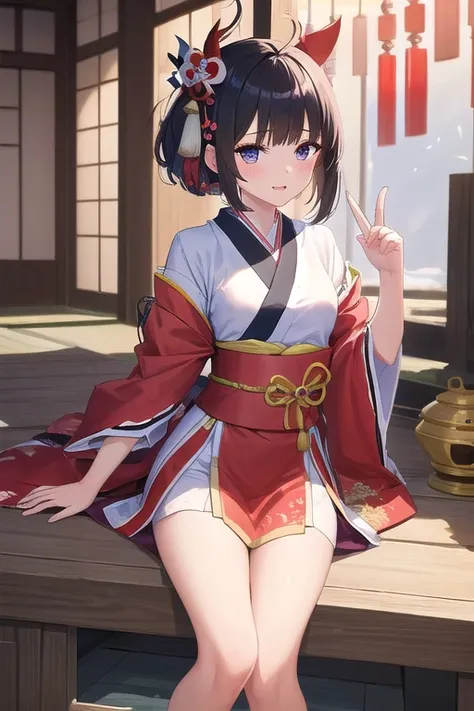 ((top quality)), ((masterpiece)), (Details),  1 girl。blunt bangs。Short Hair。braided ponytail。ahoge。Cute hair clip。 look so young。(small breasts)。(moving composition)。 Heian period。Onmyoji。Japanese Shrines。Tie a shadow with your finger。and a five-pointed st...