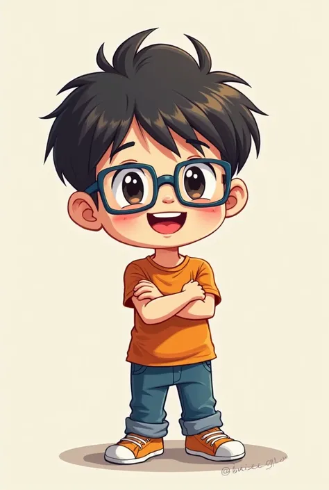 A boy with square glasses smiling while crossing his arms slightly offset to the left in chibi manga style