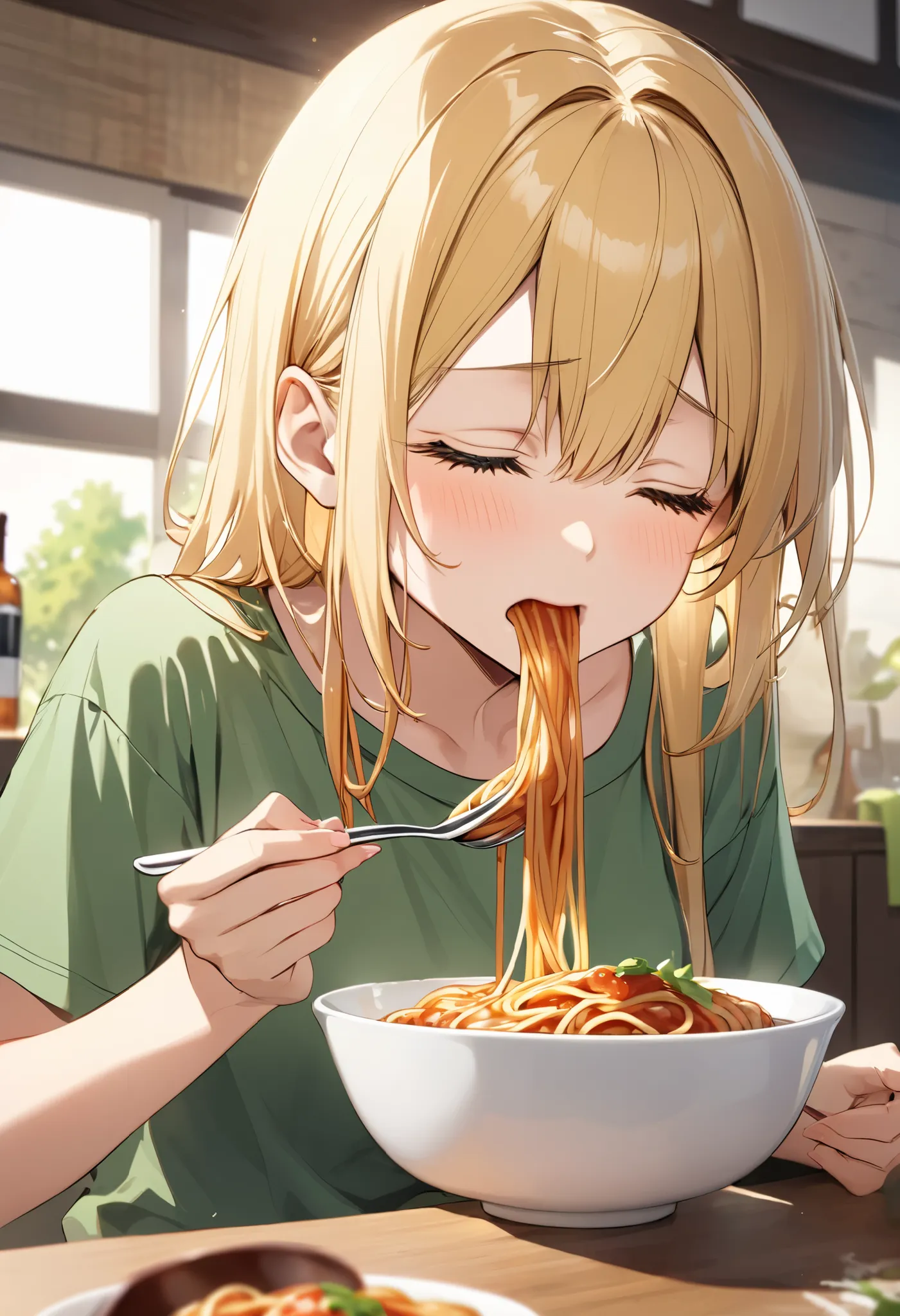 blonde long、 green t-shirt 、Eating spaghetti、close her eyes