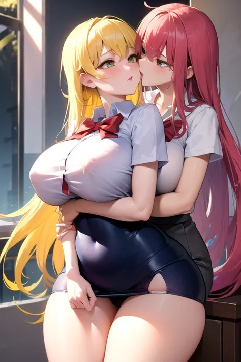 lesbian (Very long and loose yellow hair)( big breasts,  big thighs )(With school uniform clothes it is very tight)  whom he is kissing and touching her parts at school with his girlfriend(who are in a very sexy and compromising position with their girlfri...