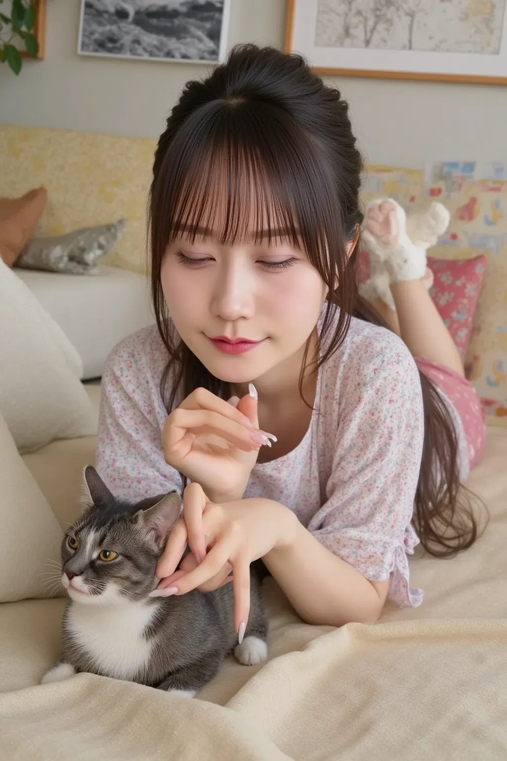 A Japanese woman is lying on a bed, gently petting a cat's head. The cat is peacefully sleeping beside her, looking happy. She is wearing casual clothes, such as a loose sweater and comfortable pants. The setting is warm and cozy, with soft lighting and a ...