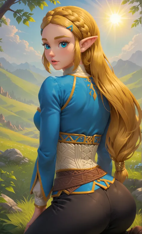 ((princess zelda)), ((botw style)), ((masterpiece)), ((high resolution)), ((solo portrait)), ((back view)), {(attractive figure), (slim waist), (wide hips), (beautiful legs), (yellow braided hair), (pointed elf ears), (cute blue eyes), (long eyelashes), (l...