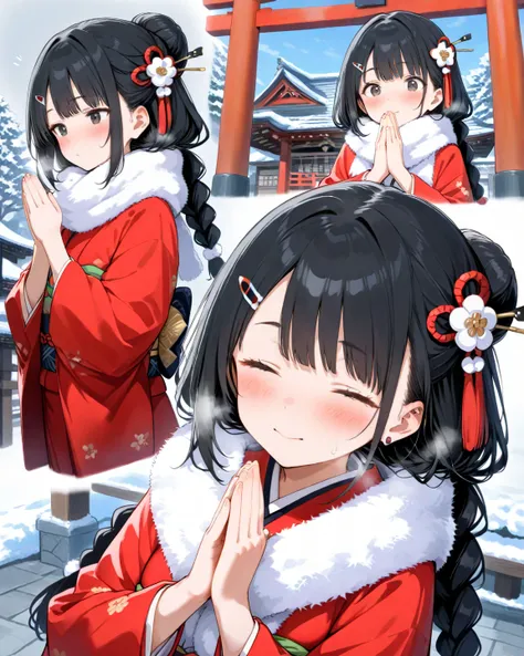 High quality, high image quality, more precise than 8k, girl's black hair braided, fluffy inner color, dark eyes, red kimono, fluffy scarf, large hair ornament, hairpin, simple piercing, putting hands together, praying pose, Torii Shrine first visit, cute,...