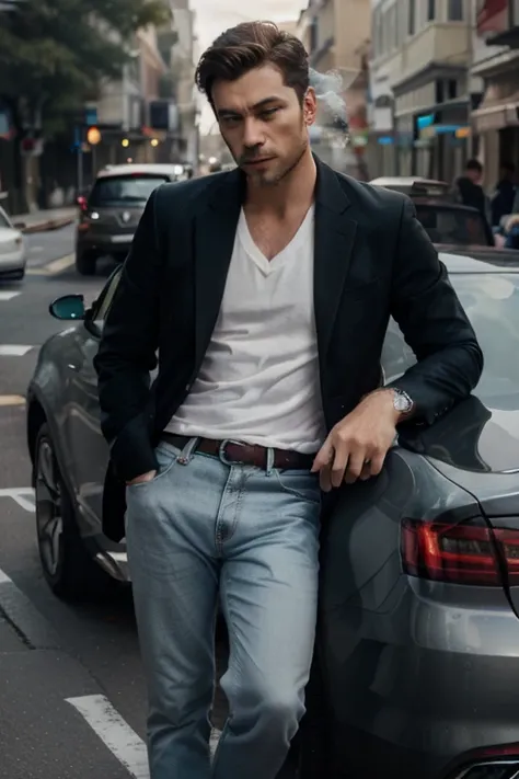 A dashing male leaning on the body of a car is smoking his cigarette