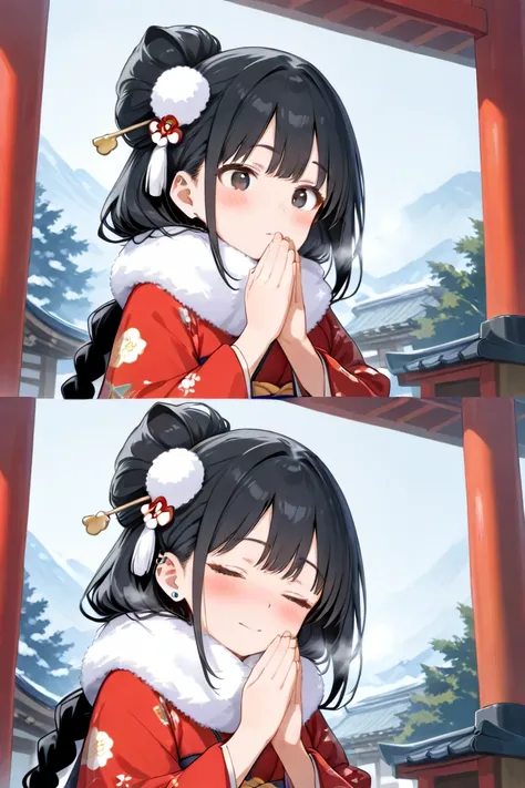 High quality, high image quality, more precise than 8k, girl's black hair braided, fluffy inner color, dark eyes, red kimono, fluffy scarf, large hair ornament, hairpin, simple piercing, putting hands together, praying pose, Torii Shrine first visit, cute,...