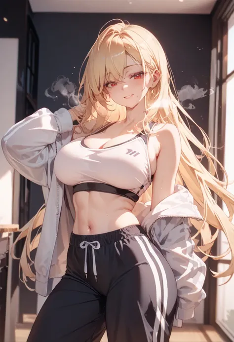 score_9, score_8_up, score_7_up, masterpiece, highest quality, very detailed, nsfw, 1 girl,
from front,
gal, long hair, blonde hair, red eyes,,
seductive smile, curvy, big breasts,
Sweatpants, sports bra,
(steam),