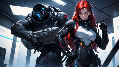 Beautiful cybernetic girl wearing a mobile cybernetic black space suit, detailed muscles realistic masterpieces full figure pose (best quality,ultra-detailed), space opera, red hair, fair skin, fit body, slim figure, narrow waist, (cocky expression)