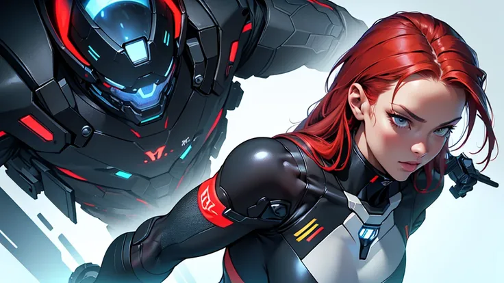 Beautiful cybernetic girl wearing a mobile cybernetic black space suit, detailed muscles realistic masterpieces full figure pose (best quality,ultra-detailed), space opera, red hair, fair skin, fit body, slim figure, narrow waist, (cocky expression)