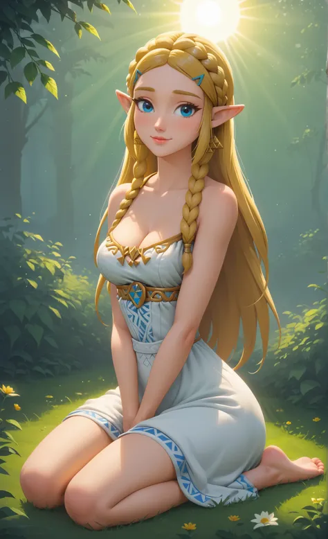 ((princess zelda)), ((botw style)), ((masterpiece)), ((high resolution)), ((solo portrait)), {(attractive figure), (slim waist), (wide hips), (beautiful legs), (pretty feet), (yellow braided hair), (pointed elf ears), (cute blue eyes), (long eyelashes), (l...