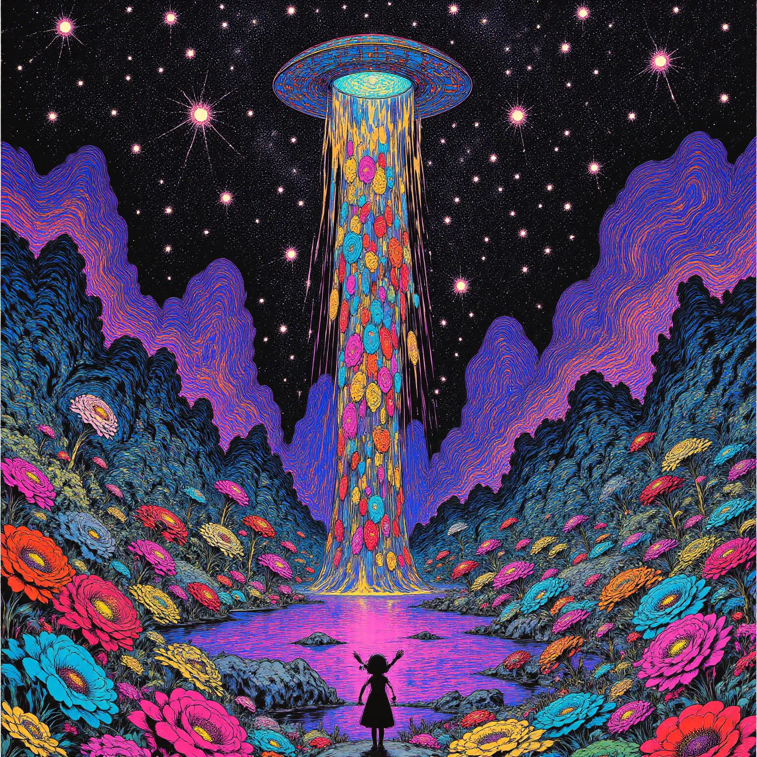  Digital Rendering ,Disc-shaped UFO and girl looking up,Plants and Stars Drawn in Vivid Colors on the Theme of Nature and Space々 and fantastical landscapes,owl forest,Infinity of the Universe and the Mysteries of Nature,Purple lake ,Repetition and dissolut...