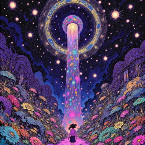  Digital Rendering ,Disc-shaped UFO and girl looking up,Plants and Stars Drawn in Vivid Colors on the Theme of Nature and Space々 and fantastical landscapes,owl forest,Infinity of the Universe and the Mysteries of Nature,Purple lake ,Repetition and dissolut...