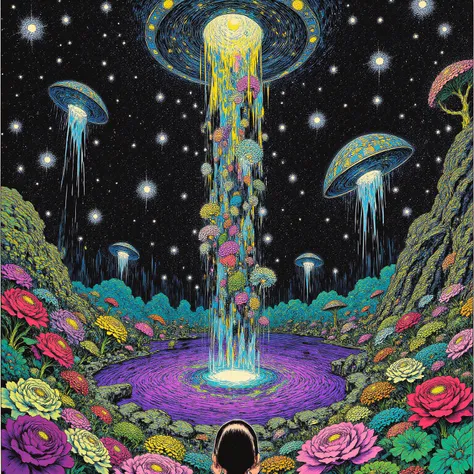  Digital Rendering ,Disc-shaped UFO and girl looking up,Plants and Stars Drawn in Vivid Colors on the Theme of Nature and Space々 and fantastical landscapes,owl forest,Infinity of the Universe and the Mysteries of Nature,Purple lake ,Repetition and dissolut...