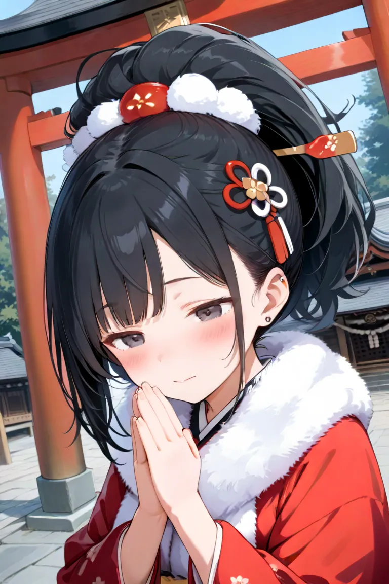 High quality, high image quality, more precise than 8k, 1 girl, black hair braided, fluffy inner color, dark eyes, red kimono, fluffy scarf, large hair ornament, hairpin, simple piercing, praying pose, putting hands together, praying pose, Torii Shrine, fi...