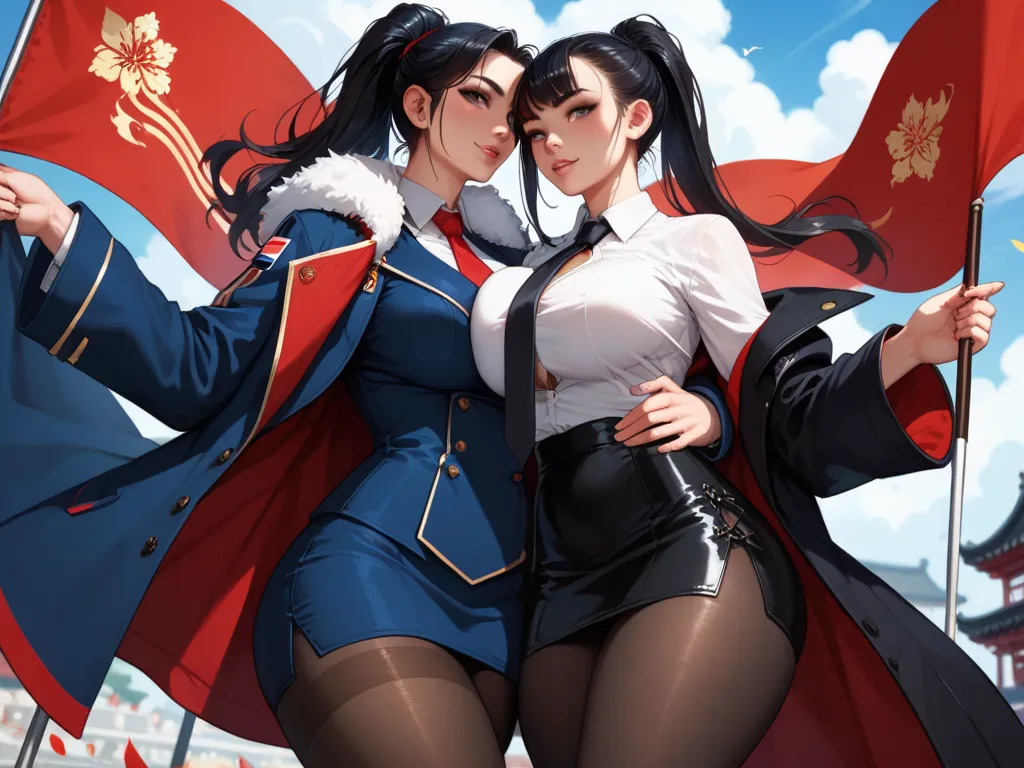 a tall Japanese woman, long black hair, ponytail hairstyle, bangs on her forehead, black eyes, large breasts, thick thighs, wearing a dress with the colors of the Japanese flag, a coat, tie, short skirt and tights hugging a tall French woman wearing a dres...