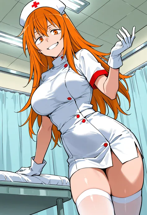 Score_9, score_8_up, score_7_up, source_anime, g4mou, solo, long hair, orange hair, orange eyes, large breasts, (best quality), (high quality), {masterpiece}, extremely delicate and beautiful, ultra-detailed, beautiful detailed eyes, nurse, nurse hat, ((wh...