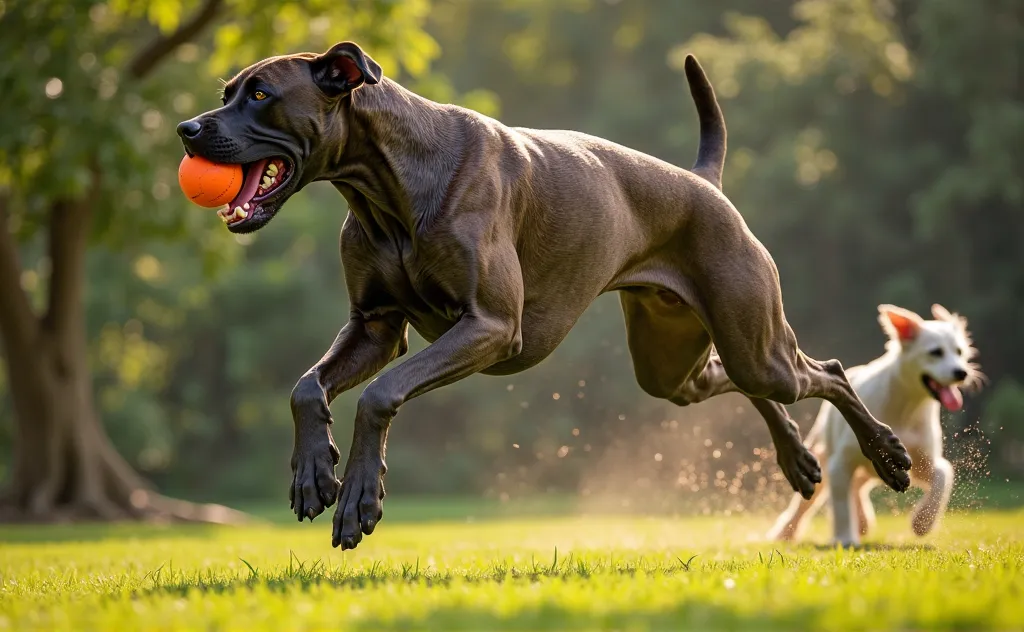 GENERATE AN IMAGE OF A JUMPING DOG PICKING UP THE BALL GREAT DANES DOG plus dog in the background 