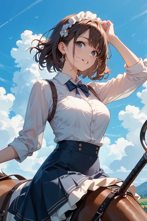 Woman on horseback、 dark brown hair、 black eyes、 Compa、blue sky