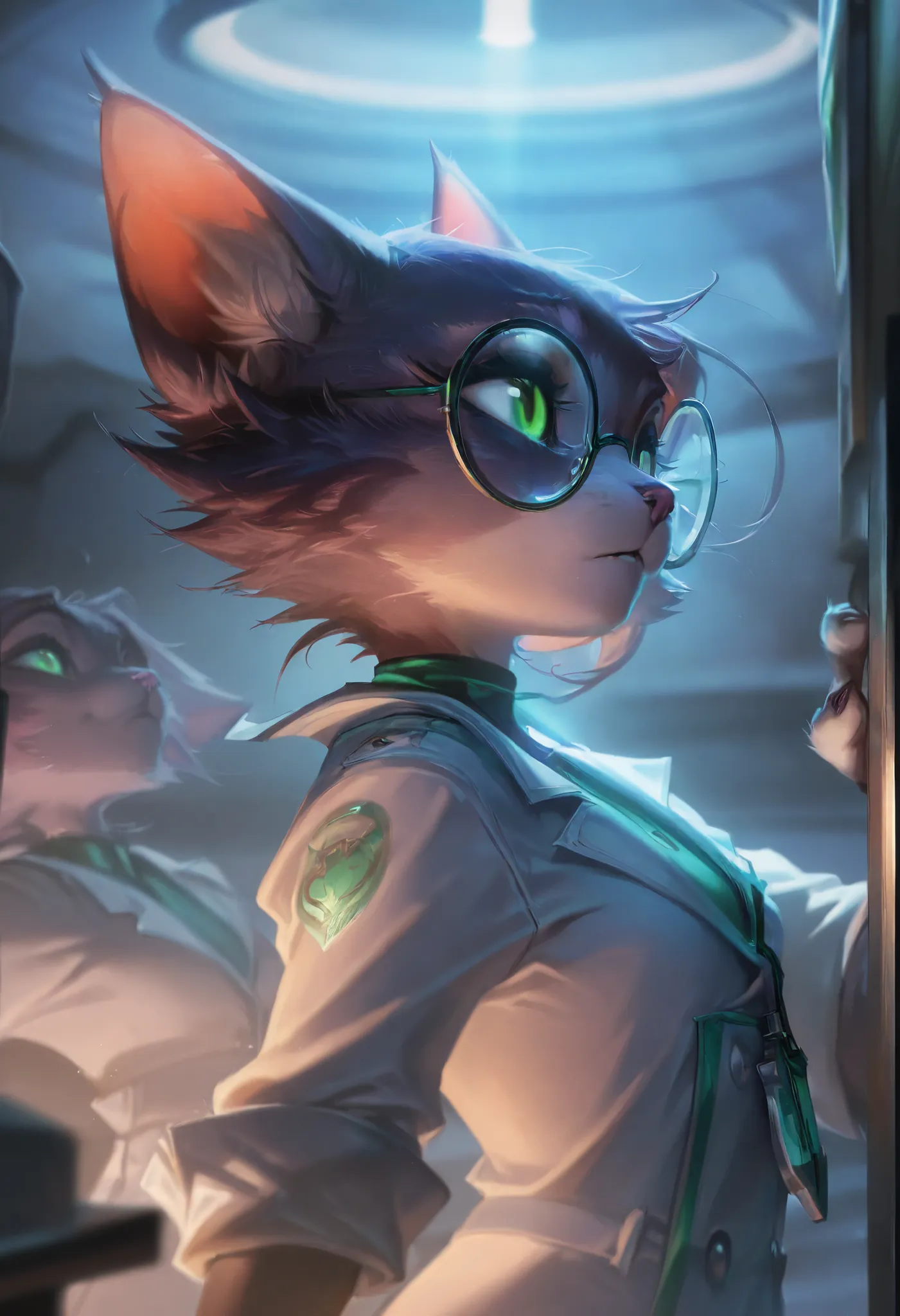 Score_9, Score_8_up, Score_7_up, Score_6_up, masterpiece, portrait, best quality, icon, upperbody, 1female, anthro, anthro cat, hairless cat, green eyes, round glasses, scientist outfit,  L0LSPL4SH,