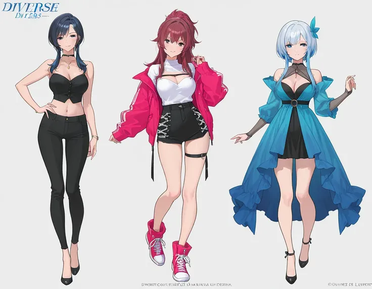 (3 adult girls), anime characters, outfit designs, diverse outfits,  character design, outfit design,  sexy,