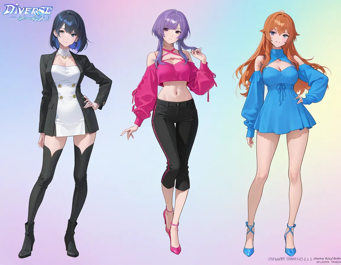 (3 adult girls), anime characters, outfit designs, diverse outfits,  character design, outfit design,  sexy,