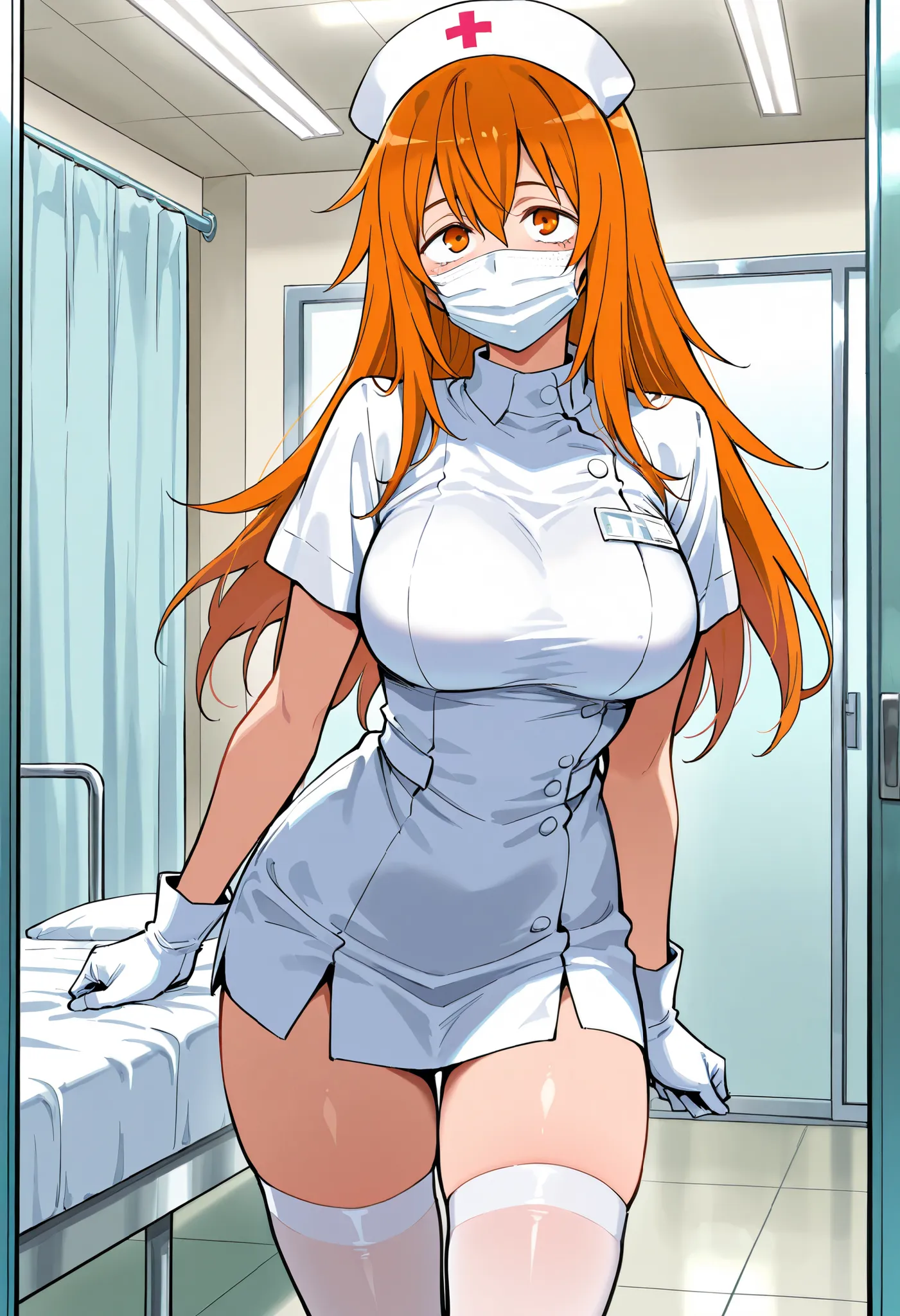 Score_9, score_8_up, score_7_up, source_anime, g4mou, solo, long hair, orange hair, orange eyes, large breasts, (best quality), (high quality), {masterpiece}, extremely delicate and beautiful, ultra-detailed, beautiful detailed eyes, nurse, nurse hat, ((wh...