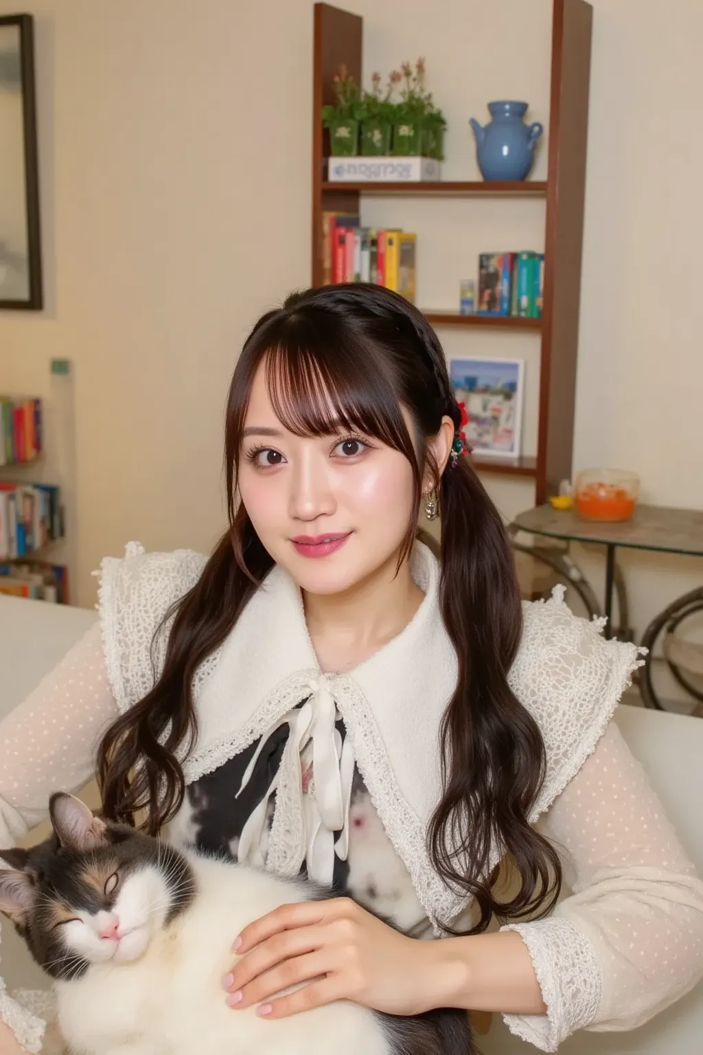 A Japanese woman sitting on a cozy sofa, covered with a soft blanket on her lap. A cat is peacefully sleeping on her lap while she gently pets it with a warm and kind smile. The room has a warm and inviting atmosphere, with soft lighting and a comfortable ...