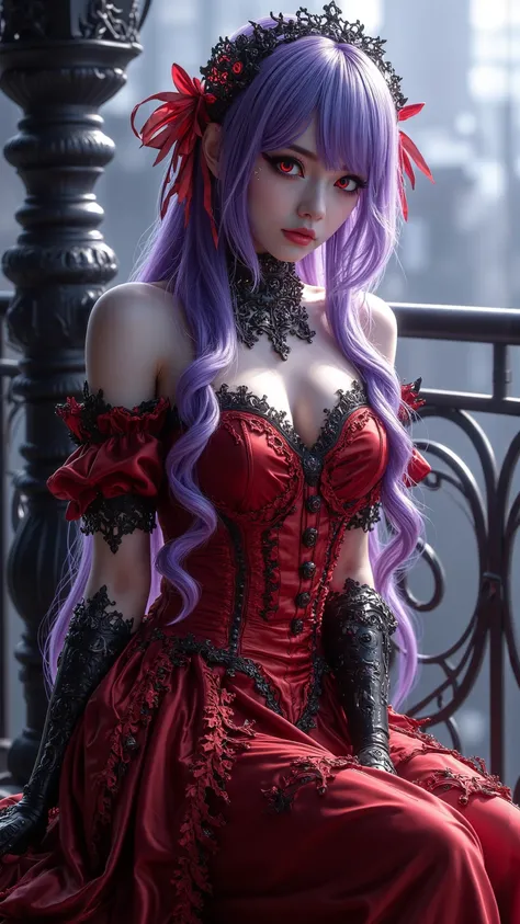 A charming scene shows a 19-year-old girl wearing a gothic red dress designed by Sakamata Chloe，Exquisite Beautiful Face， ，Blue and purple hair，Long straight hair，Busty big boobs， Thin ，Hot，Eye-red，red pupils，elegantly sitting next to the balcony。