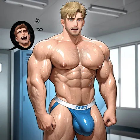 best quality, masterpiece, extremely detailed, muscular John Constantine standing in line with other muscular bodybuilder men partially turned into dumb bodybuilders, rugged windswept hair, sweaty, glistening skin, sexy jockstrap, exposed torso, in gym loc...