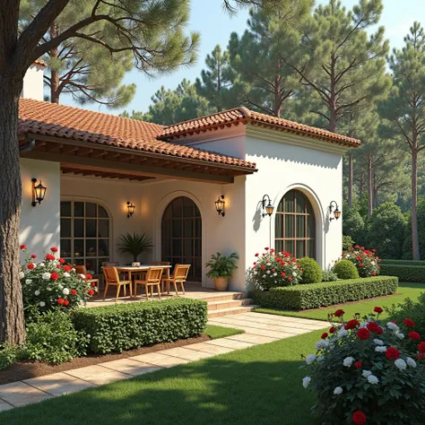 "A beautiful Mediterranean-style house surrounded by a lush garden and tall pine trees. The house has white stucco walls, large glass windows, and a warm terracotta tile roof. The covered patio is illuminated by elegant wall lanterns and features an outdoo...