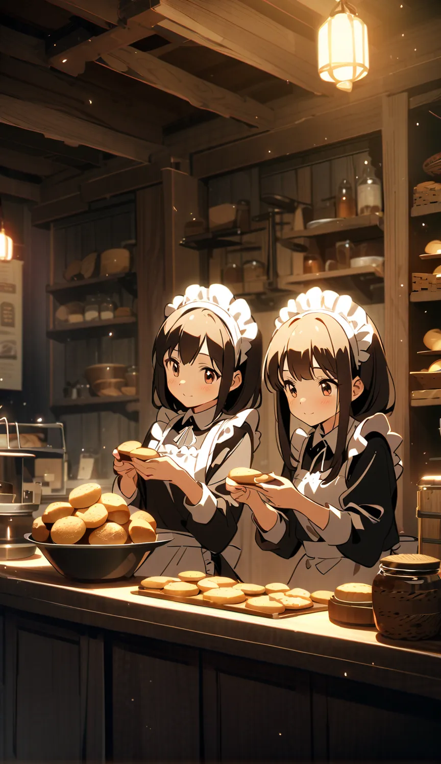 Two girls working at a simple bakery in another world。They are both wearing classic maid clothes with frilly aprons。The interior has a simple, rustic atmosphere with wooden shelves。Decorations are minimal、with an old-fashioned, calm charm。The girls hold fr...