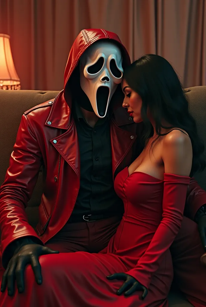 Ghostface from the horror movie scream wearing red leather jacket red leather pants black gloves female on knees hand on leg Ghostface  on couch romantically seductive sexual feeling him amazing detail realistic 3D character style extremely detailed high q...