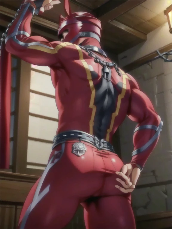 man in red ripped tights　arms tied to top with chains　 around　skin visible in places　 hips are curved　Being tortured　Baby Face　tights cut into crotch　赤い髪　Strapped from behind　赤い髪