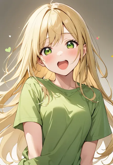 long blonde hair 10、large plain green t-shirt without logo、 surprise、be happy