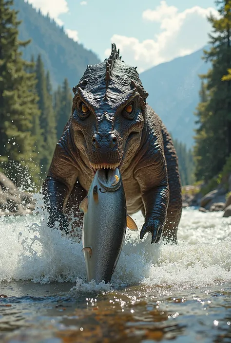 A powerful dinasour standing in a rushing river, catching a fish with its strong jaws. The water splashes around as the dinosaur secures its catch, with the surrounding forest and mountains visible in the background. The scene is filled with the raw energy...